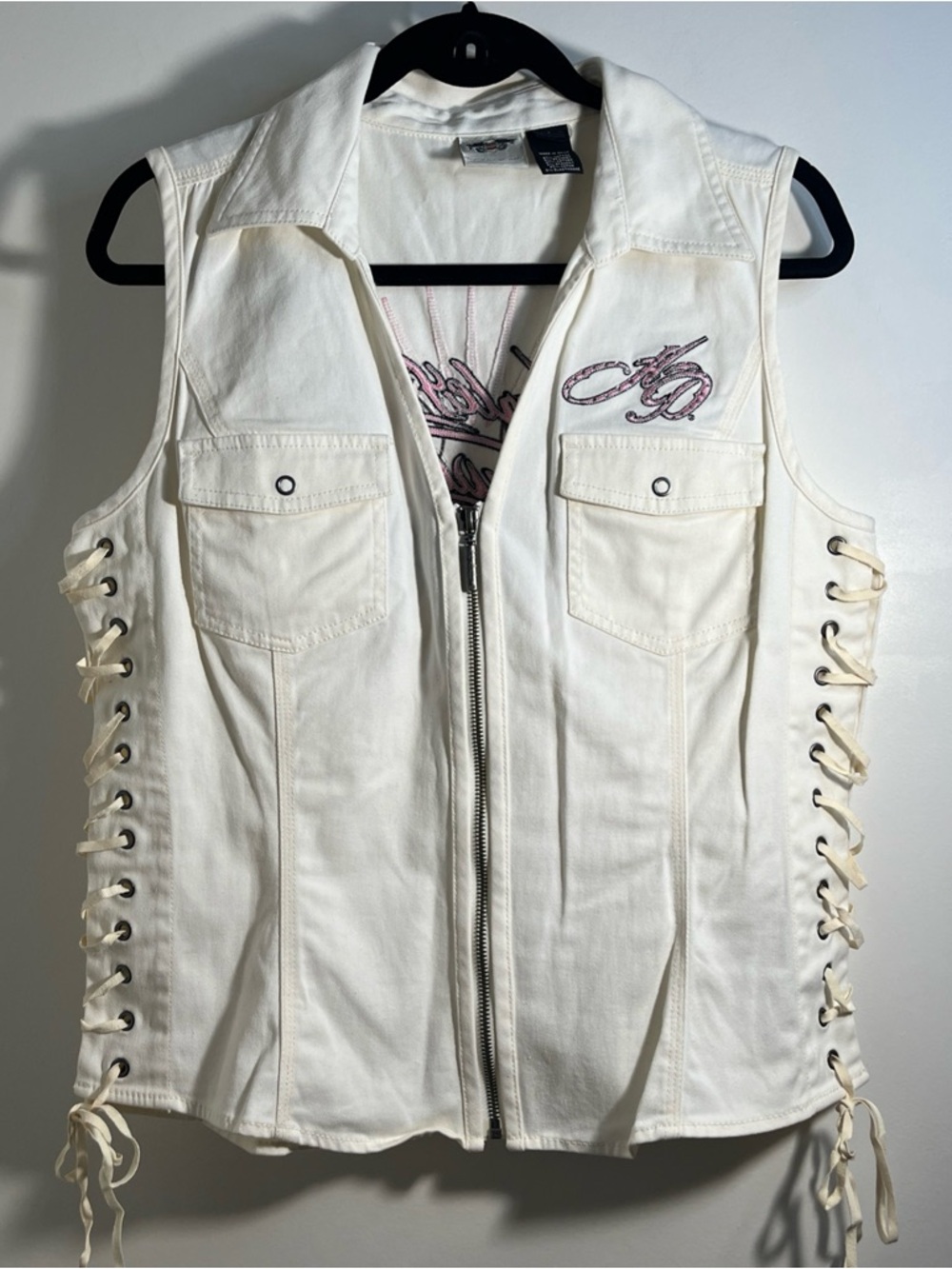 Harley Davidson Womens White Side Lace-Up Denim Vest Pink w/Rhinestones Sz Large